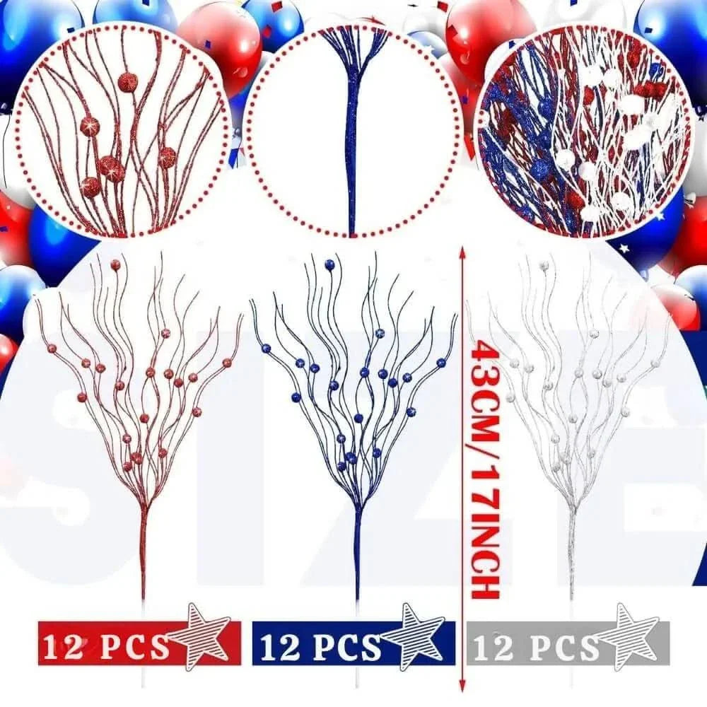 17" Patriotic Glitter Berry Picks (36 PCS)